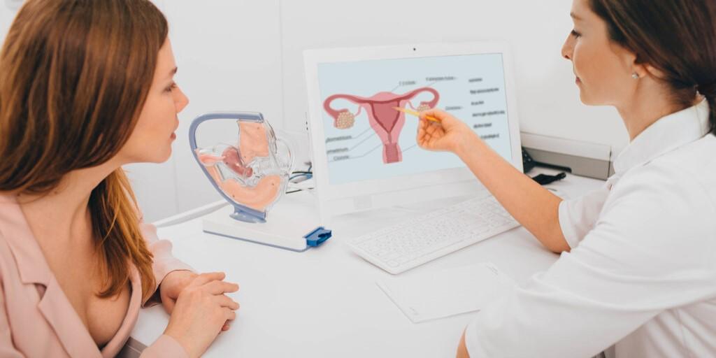 Pieczenie pochwy - zdjęcie przedstawia konsultację lekarską z pacjentką, na której omawiana jest grafika przedstawiająca układ rozrodczy kobiety