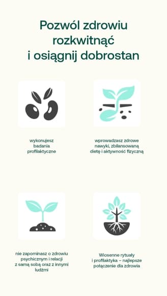 pozwól zdrowiu rozkwitnąć i osiągnij dobrostan: ziarenko -> wykonujesz badania profilaktyczne kiełkujące ziarenko -> wprowadzasz zdrowe nawyki, zbilansowaną dietę i nawodnienie organizmu mała roślinka -> nie zapominasz o zdrowiu psychicznym i relacji z samą sobą oraz z innymi ludźmi piękny kwiat -> dbasz o siebie i pamiętasz o swoich potrzebach - brawa dla Ciebie!